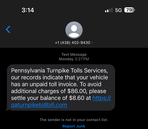 Fake Toll Invoice Message from Pennsylvania